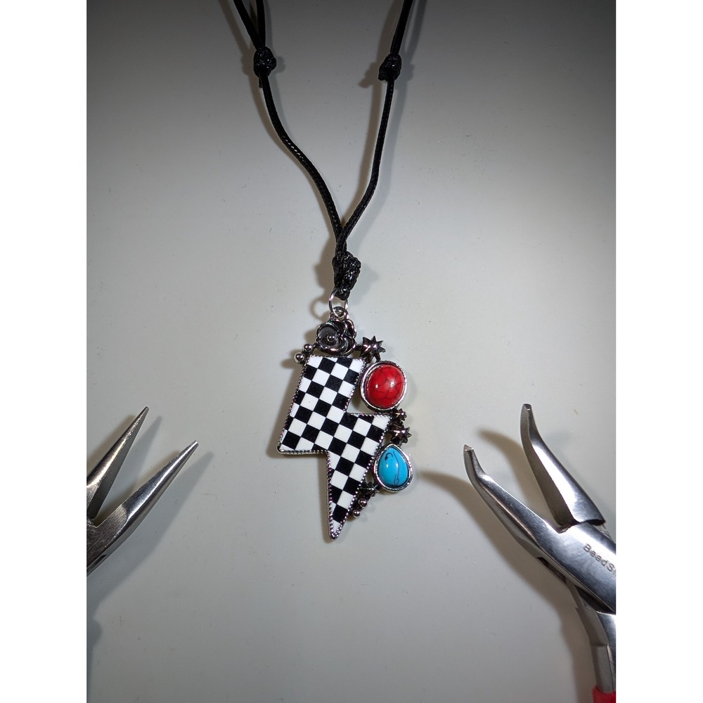 Checkered Lightning Bolt Pendant Necklace Adjustable Cord Black White Rock Punk